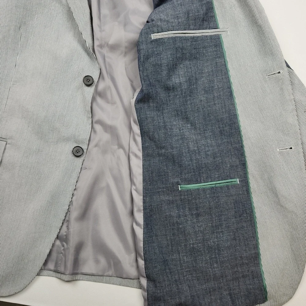 Tasso Elba Seersucker Elbow Patches Blazer Jacket Sz XXL 50-52 White Blue Stripe